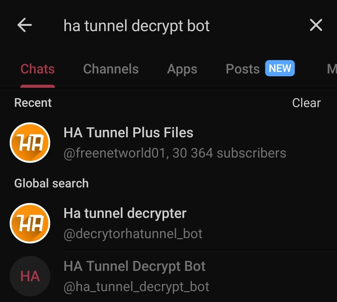 Telegram showing the bot search results
